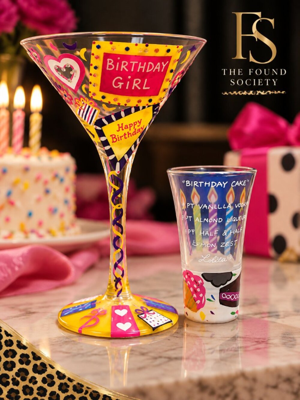 Lolita Birthday Girl Martini Glass & Birthday Cake Shot Glass Set Hand Painted